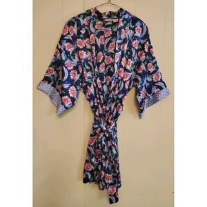 Vintage‎ 90s Adonna S Small Short Robe Nighty Floral Polka Dot Bows Blue Satin
